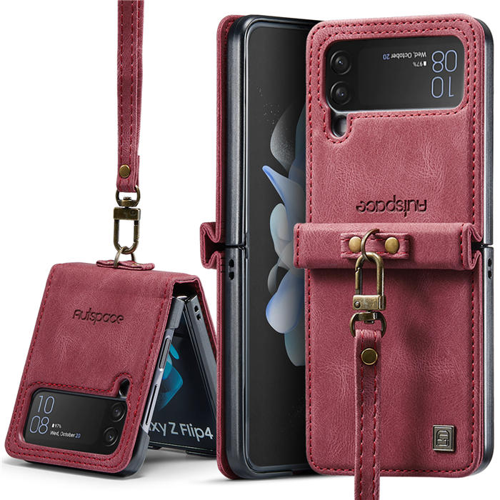 Autspace Case Cover For Samsung Galaxy Z Flip4 5G PU Leather with Detachable Hand Strap