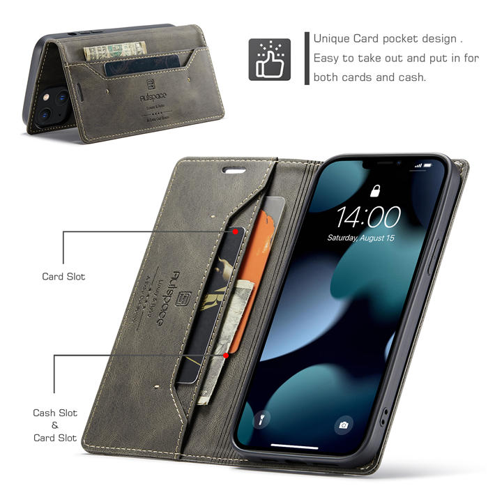 Autspace iPhone 13 Pro Max RFID Blocking Wallet Case Coffee