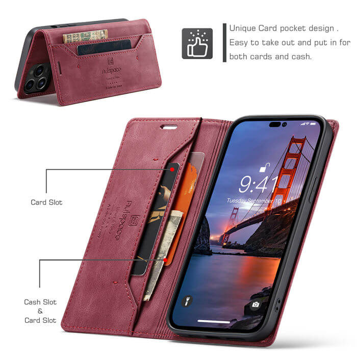 Autspace iPhone 15 Pro Max RFID Blocking Wallet Case