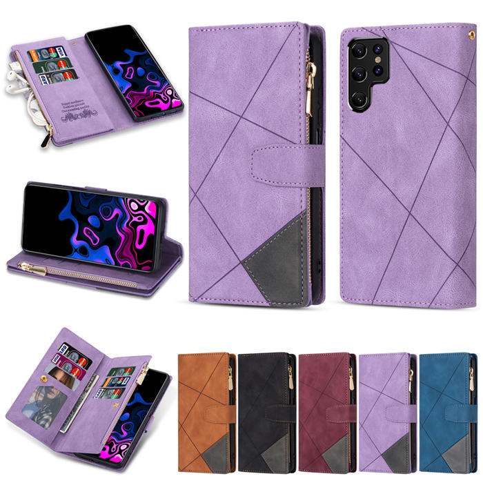 Samsung Galaxy S22 Ultra Color Splicing Lines Wallet Case Purple