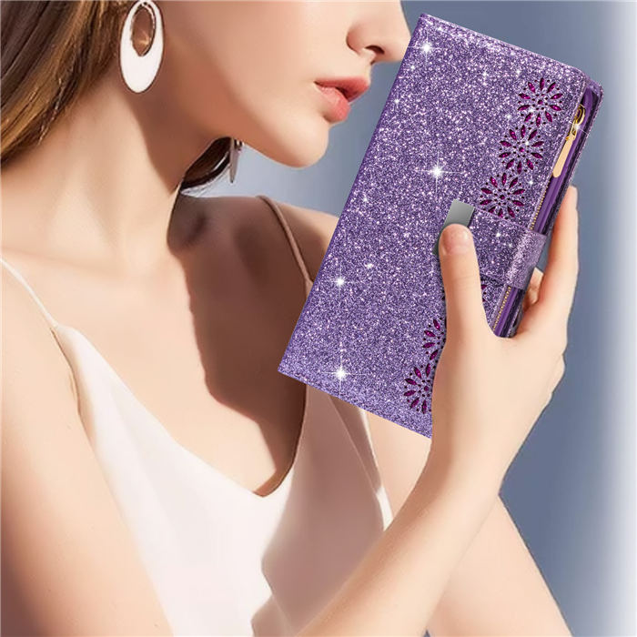 Bling Glitter Carving Zipper Wallet 9 Card Slots Case with Wrist Strap