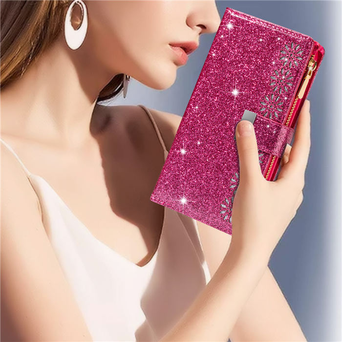 Bling Glitter Carving Zipper Wallet 9 Card Slots Case with Wrist Strap