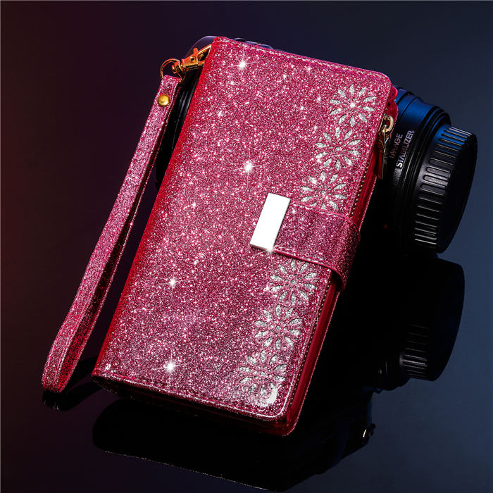 Bling Glitter Carving Zipper Wallet 9 Card Slots Case with Wrist Strap