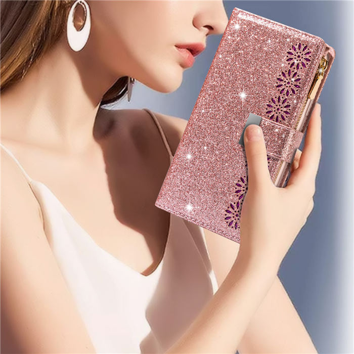 Bling Glitter Carving Zipper Wallet 9 Card Slots Case with Wrist Strap