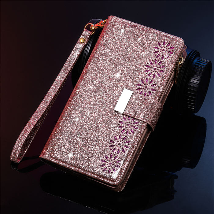 Bling Glitter Carving Zipper Wallet 9 Card Slots Case with Wrist Strap