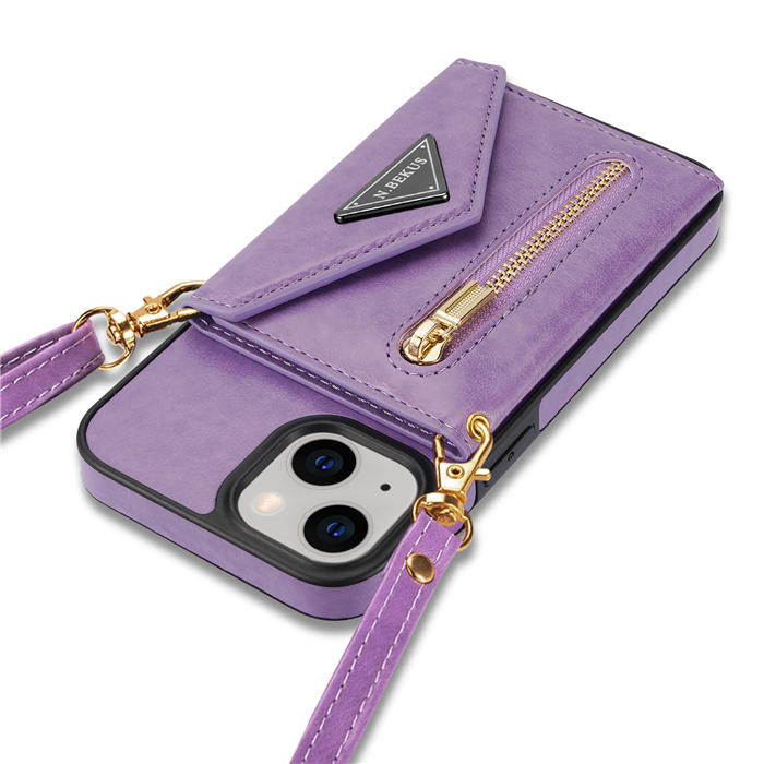 Crossbody Zipper Wallet iPhone 14 Plus Case With Strap