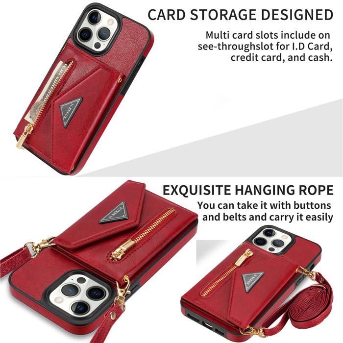 Crossbody Zipper Wallet iPhone 14 Pro Max Case With Strap