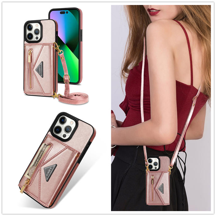 Crossbody Zipper Wallet iPhone 14 Pro Max Case With Strap