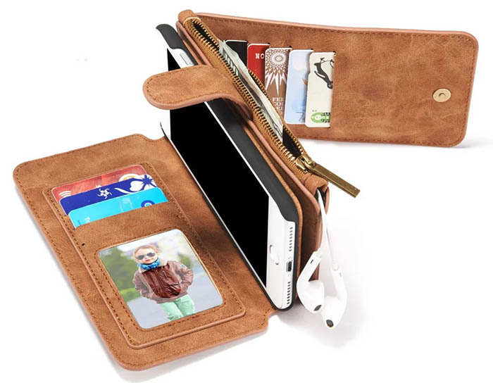 CaseMe iPhone 8 Plus Zipper Wallet Detachable Flip Case Brown