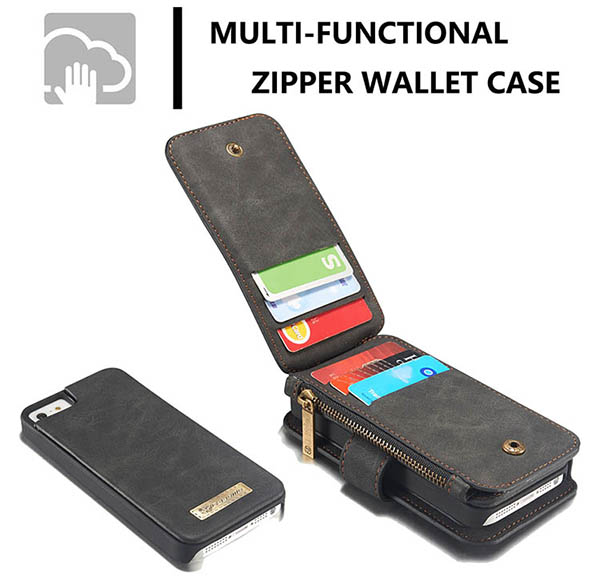 CaseMe iPhone SE/5S/5 Zipper Wallet Detachable 2 in 1 Flip Case Black