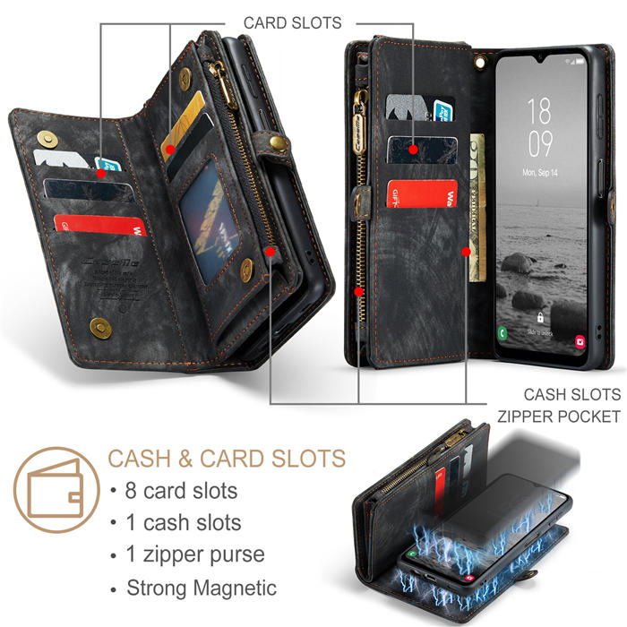 CaseMe Samsung Galaxy A14 5G Zipper Wallet Magnetic Detachable 2 in 1 Case with Wrist Strap