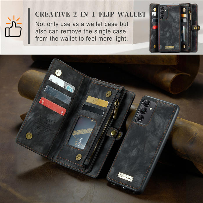 CaseMe Samsung Galaxy A14 5G Zipper Wallet Magnetic Detachable 2 in 1 Case with Wrist Strap