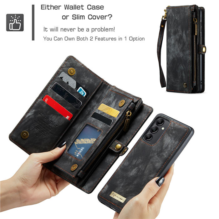 CaseMe Samsung Galaxy A14 5G Zipper Wallet Magnetic Detachable 2 in 1 Case with Wrist Strap