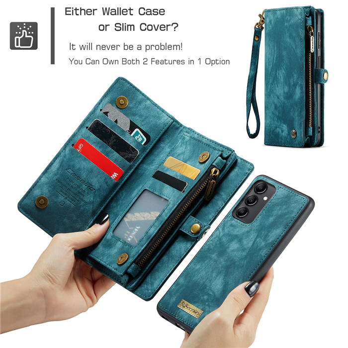 CaseMe Samsung Galaxy A14 5G Zipper Wallet Magnetic Detachable 2 in 1 Case with Wrist Strap