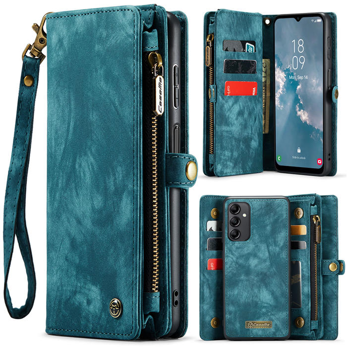 CaseMe Samsung Galaxy A14 5G Zipper Wallet Magnetic Detachable 2 in 1 Case with Wrist Strap