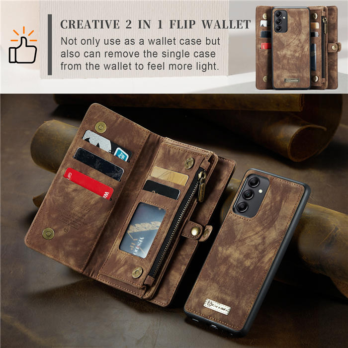 CaseMe Samsung Galaxy A14 5G Zipper Wallet Magnetic Detachable 2 in 1 Case with Wrist Strap
