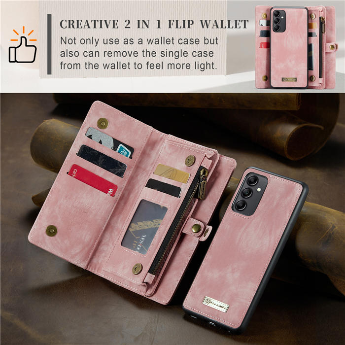 CaseMe Samsung Galaxy A14 5G Zipper Wallet Magnetic Detachable 2 in 1 Case with Wrist Strap