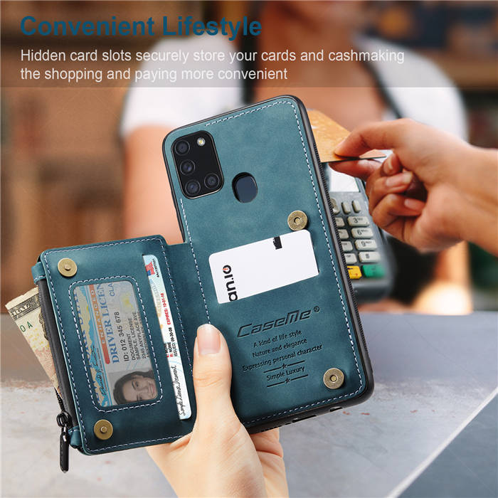 CaseMe Samsung Galaxy A21S Zipper Pocket Card Slots Case Blue