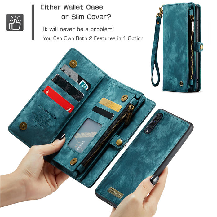 CaseMe Samsung Galaxy A50 Zipper Wallet Magnetic Detachable 2 in 1 Case with Wrist Strap