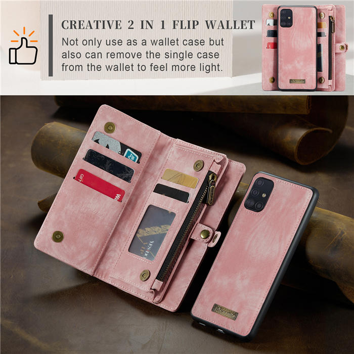 CaseMe Samsung Galaxy A51 4G Zipper Wallet Magnetic Detachable 2 in 1 Case with Wrist Strap