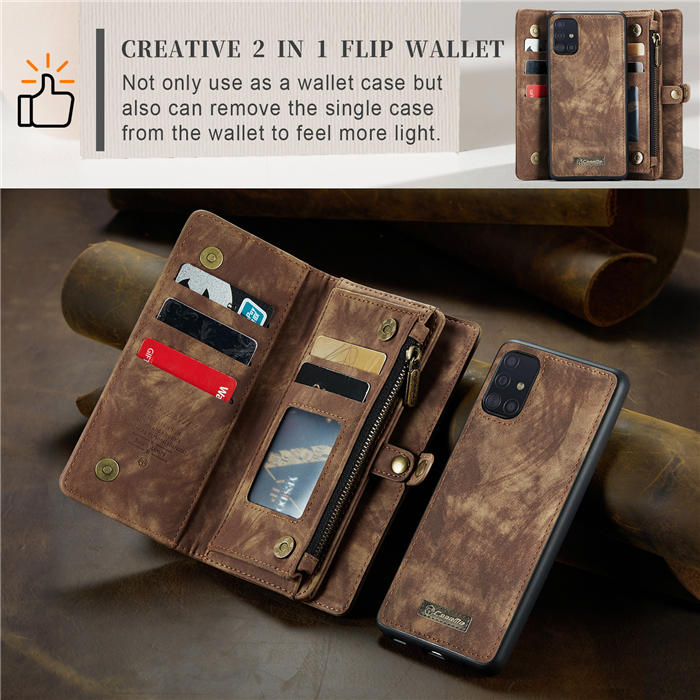 CaseMe Samsung Galaxy A71 4G Zipper Wallet Magnetic Detachable 2 in 1 Case with Wrist Strap