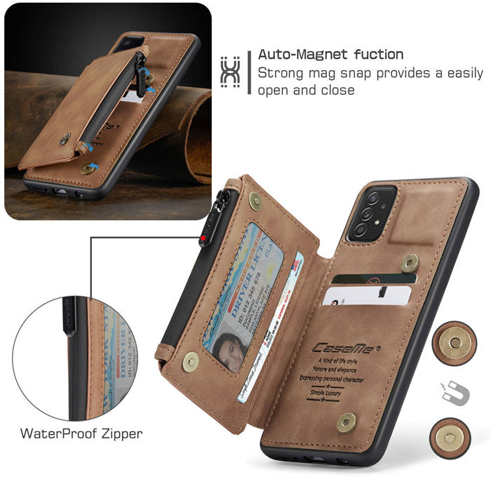 CaseMe Samsung Galaxy A72 5G Zipper Pocket Card Slots Case Brown