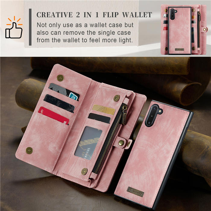 CaseMe Samsung Galaxy Note 10 Zipper Wallet Magnetic Detachable 2 in 1 Case with Wrist Strap