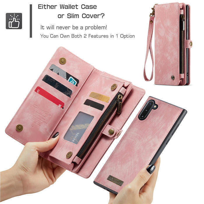 CaseMe Samsung Galaxy Note 10 Zipper Wallet Magnetic Detachable 2 in 1 Case with Wrist Strap