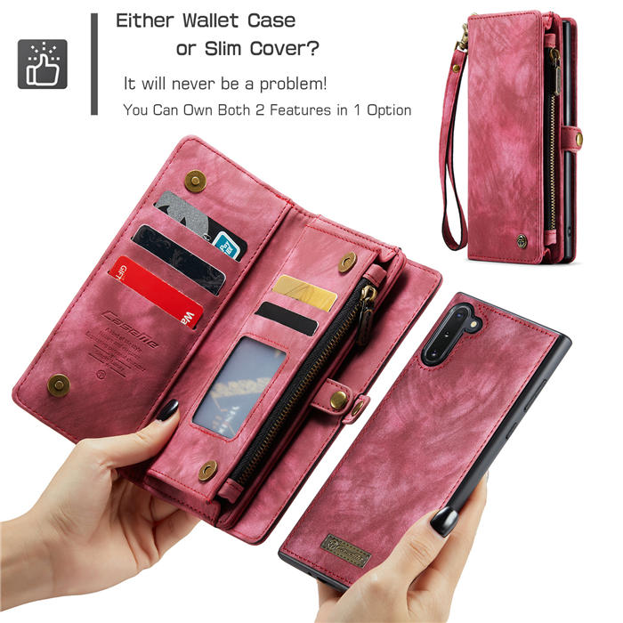 CaseMe Samsung Galaxy Note 10 Zipper Wallet Magnetic Detachable 2 in 1 Case with Wrist Strap