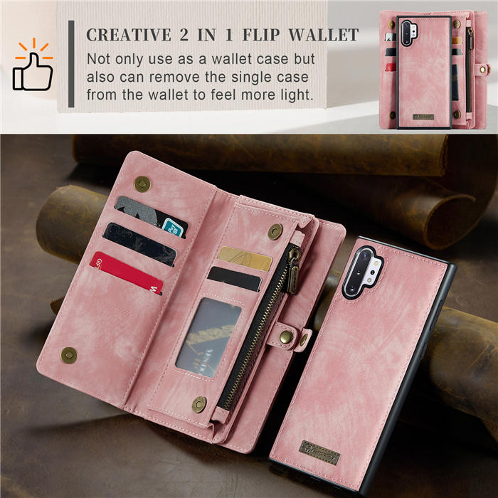 CaseMe Samsung Galaxy Note 10 Plus Zipper Wallet Magnetic Detachable 2 in 1 Case with Wrist Strap