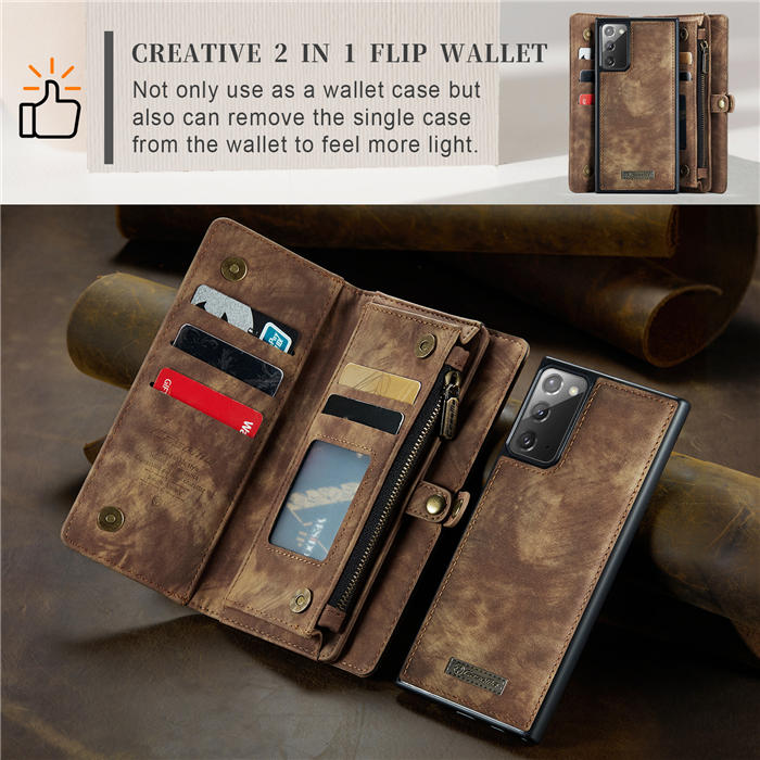 CaseMe Samsung Galaxy Note 20 Zipper Wallet Magnetic Detachable 2 in 1 Case with Wrist Strap