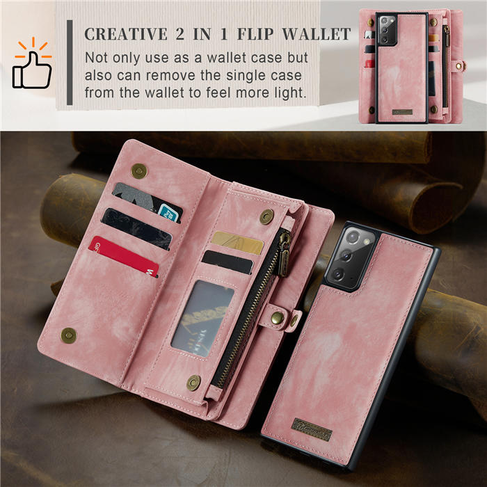 CaseMe Samsung Galaxy Note 20 Zipper Wallet Magnetic Detachable 2 in 1 Case with Wrist Strap