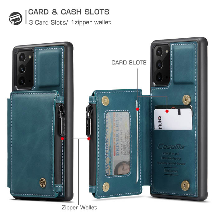 CaseMe Samsung Galaxy Note 20 Zipper Pocket Card Slots Case Blue