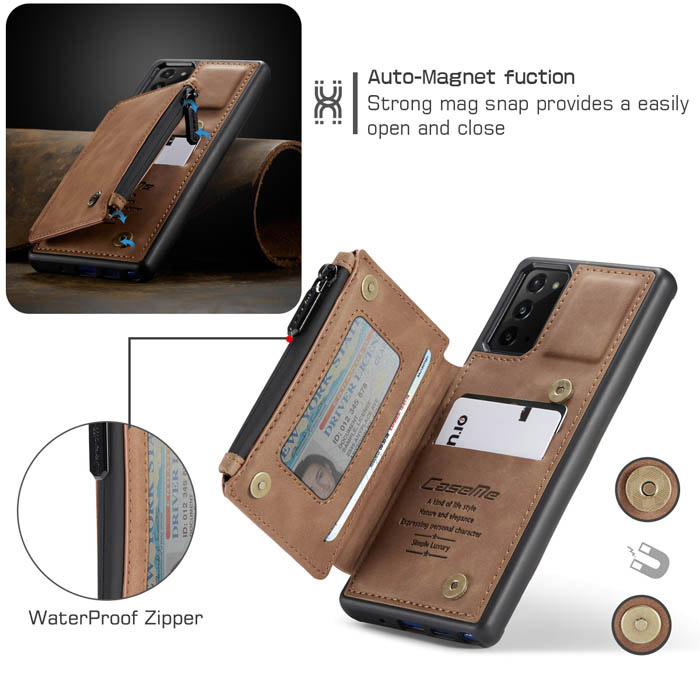 CaseMe Samsung Galaxy Note 20 Zipper Pocket Card Slots Case Brown