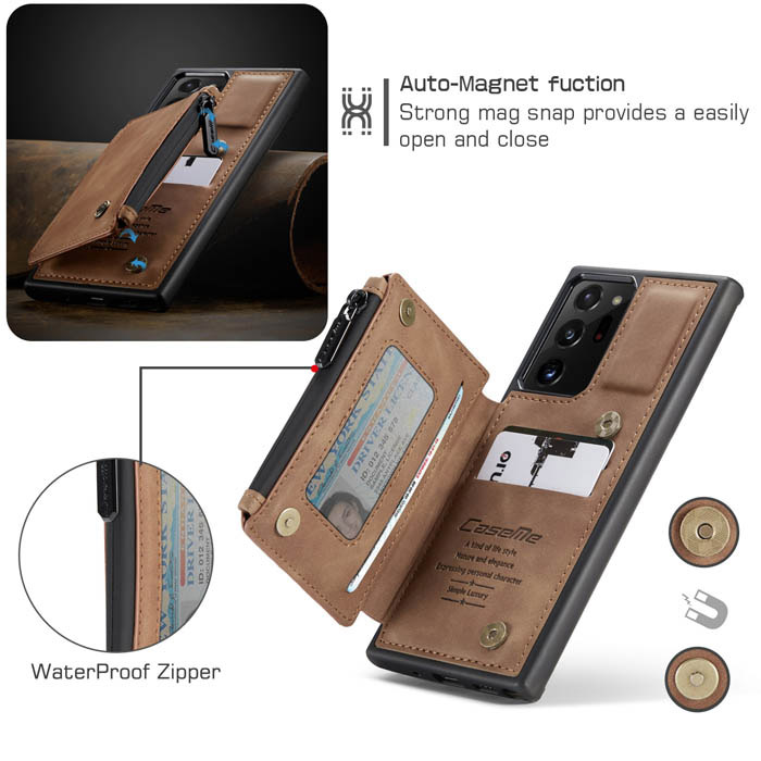 CaseMe Samsung Galaxy Note 20 Ultra Zipper Pocket Card Slots Case Brown