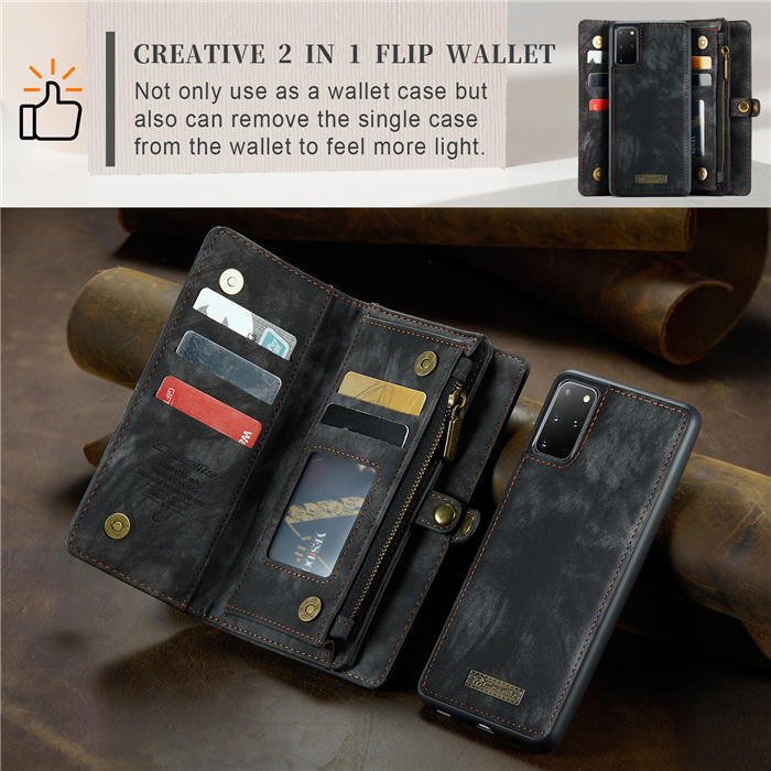 CaseMe Samsung Galaxy S20 Plus Zipper Wallet Magnetic Detachable 2 in 1 Case with Wrist Strap