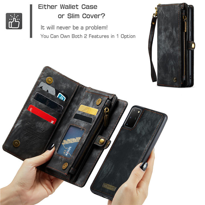 CaseMe Samsung Galaxy S20 Plus Zipper Wallet Magnetic Detachable 2 in 1 Case with Wrist Strap