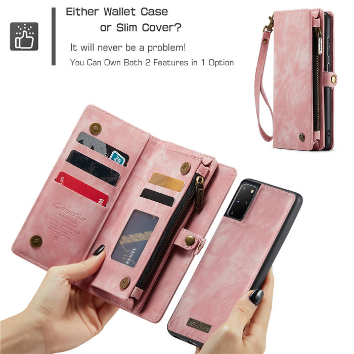 CaseMe Samsung Galaxy S20 Plus Zipper Wallet Magnetic Detachable 2 in 1 Case with Wrist Strap