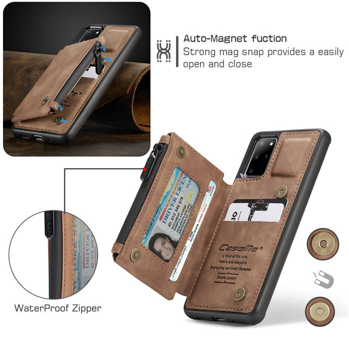 CaseMe Samsung Galaxy S20 Plus Zipper Pocket Card Slots Case Brown