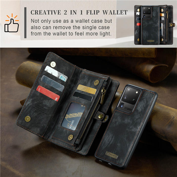 CaseMe Samsung Galaxy S20 Ultra Zipper Wallet Magnetic Detachable 2 in 1 Case with Wrist Strap