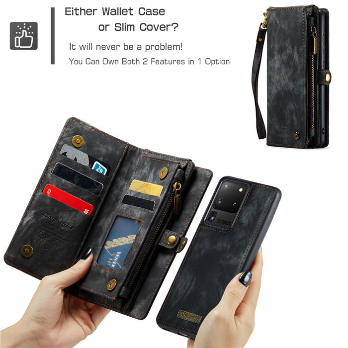 CaseMe Samsung Galaxy S20 Ultra Zipper Wallet Magnetic Detachable 2 in 1 Case with Wrist Strap