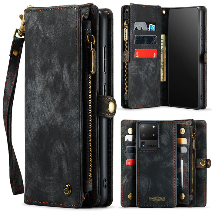 CaseMe Samsung Galaxy S20 Ultra Zipper Wallet Magnetic Detachable 2 in 1 Case with Wrist Strap