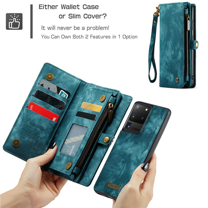 CaseMe Samsung Galaxy S20 Ultra Zipper Wallet Magnetic Detachable 2 in 1 Case with Wrist Strap