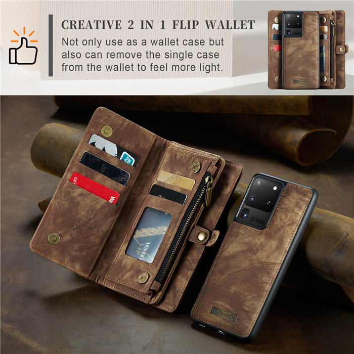 CaseMe Samsung Galaxy S20 Ultra Zipper Wallet Magnetic Detachable 2 in 1 Case with Wrist Strap