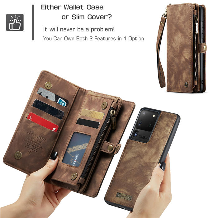 CaseMe Samsung Galaxy S20 Ultra Zipper Wallet Magnetic Detachable 2 in 1 Case with Wrist Strap