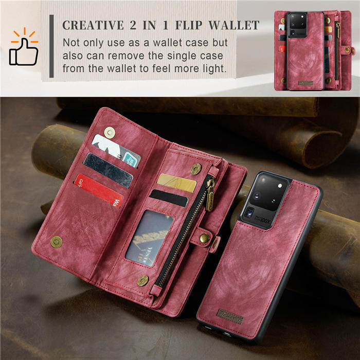 CaseMe Samsung Galaxy S20 Ultra Zipper Wallet Magnetic Detachable 2 in 1 Case with Wrist Strap