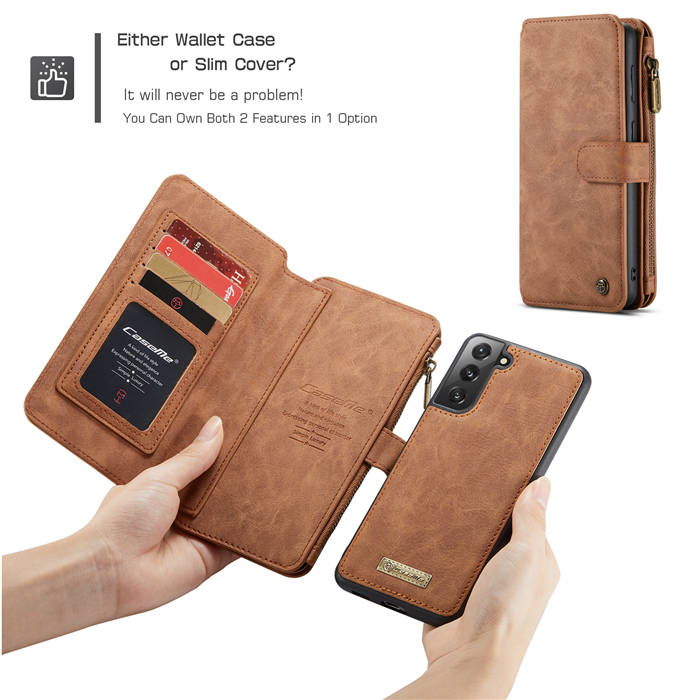 CaseMe Samsung Galaxy S21 Zipper Wallet Magnetic Case Brown