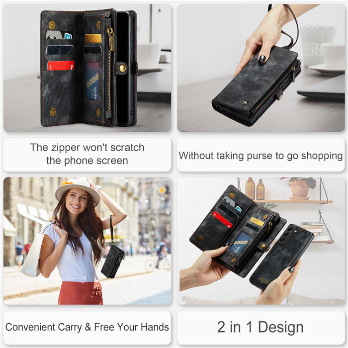 CaseMe Samsung Galaxy S21 Plus Zipper Wallet Magnetic Detachable 2 in 1 Case with Wrist Strap