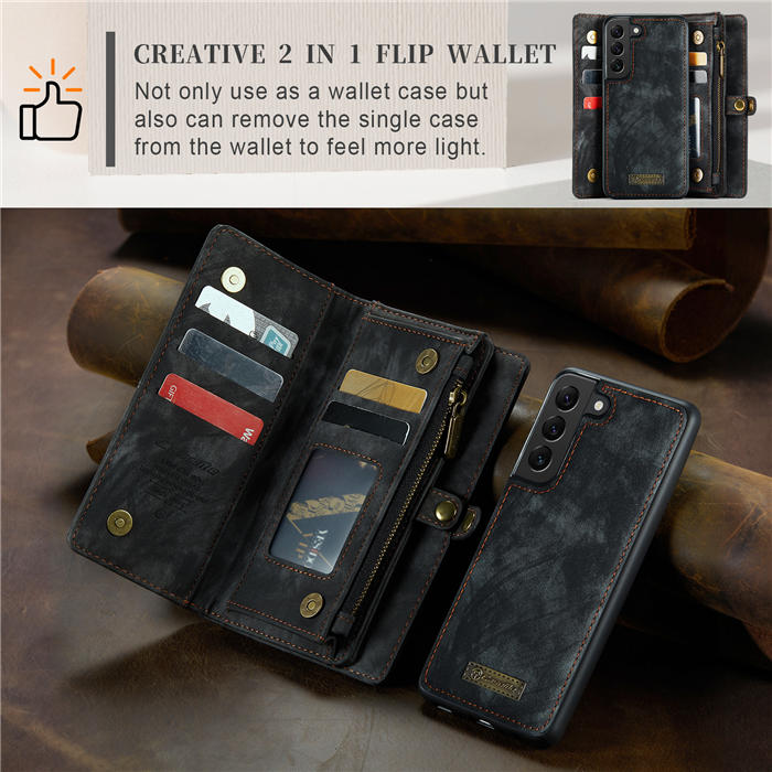 CaseMe Samsung Galaxy S22 Plus Zipper Wallet Magnetic Detachable 2 in 1 Case with Wrist Strap