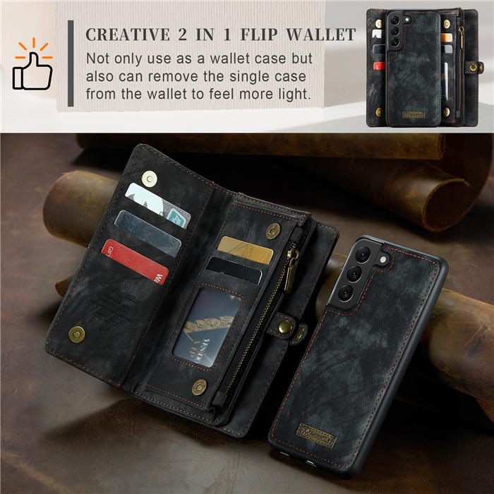 CaseMe Samsung Galaxy S21 Plus Zipper Wallet Magnetic Detachable 2 in 1 Case with Wrist Strap